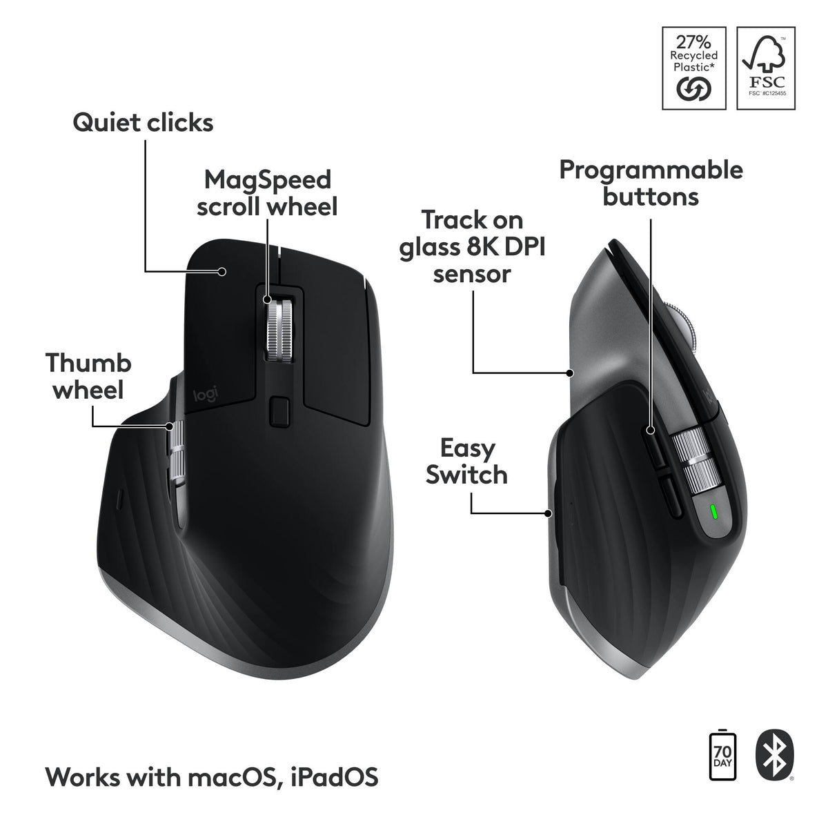 Logitech - MX Keys S Combo for Mac Full-size Wireless Scissor Keyboard and Mouse Bundle for MacBook, iMac, iPad with Palm-rest - Space Gray
