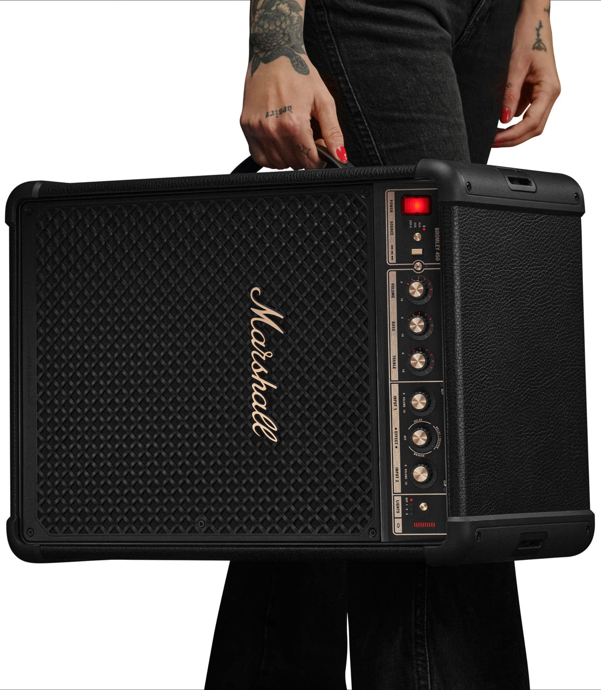 Marshall - Bromley 450 Portable Wireless Party Speaker with Bluetooth / 3.5 mm Auxiliary / RCA / Microphone Inputs and LED Lights - Black/Brass