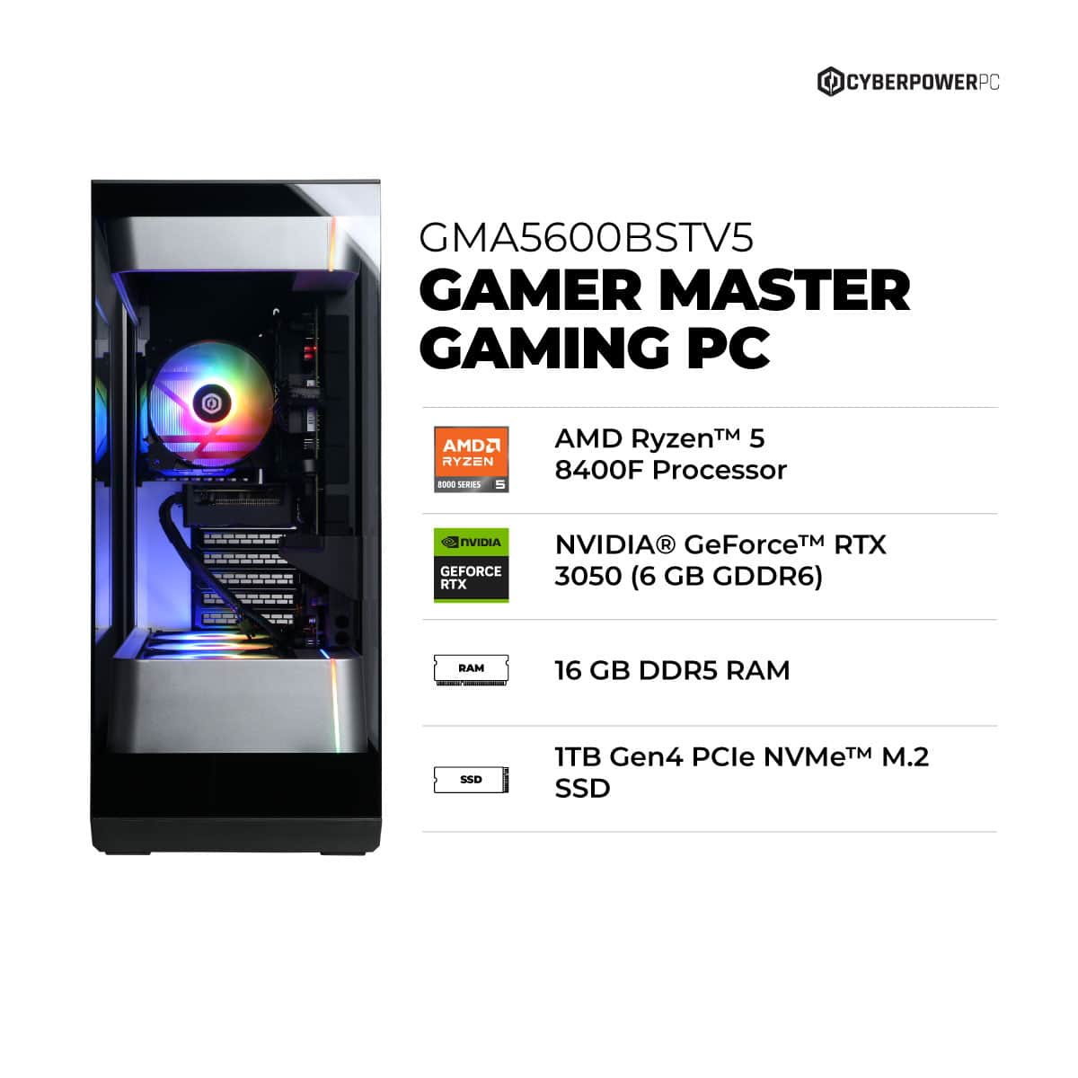CyberPowerPC - Gaming Desktop - AMD Ryzen 5 8400F - NVIDIA GeForce RTX 3050 6GB - 16GB DDR5 - 1TB PCIe 4.0 SSD Storage - Black