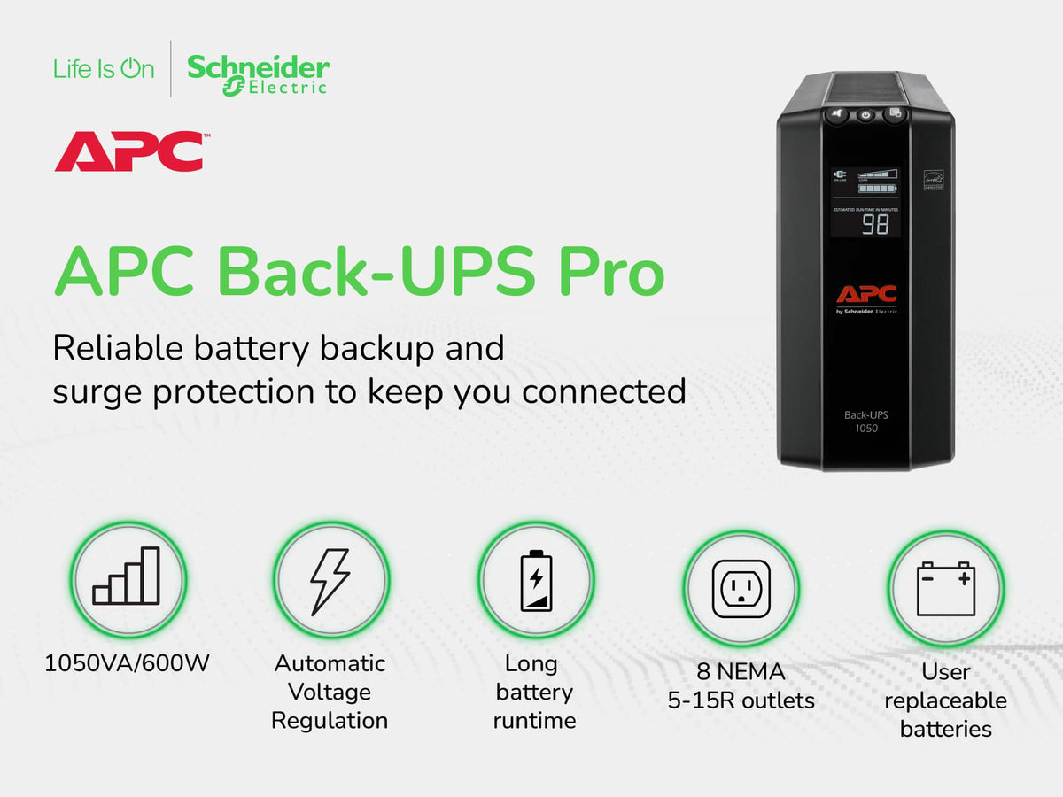 APC - Back-UPS Pro 1050VA Retail, 1050VA, 600W, 8 outlets - Black