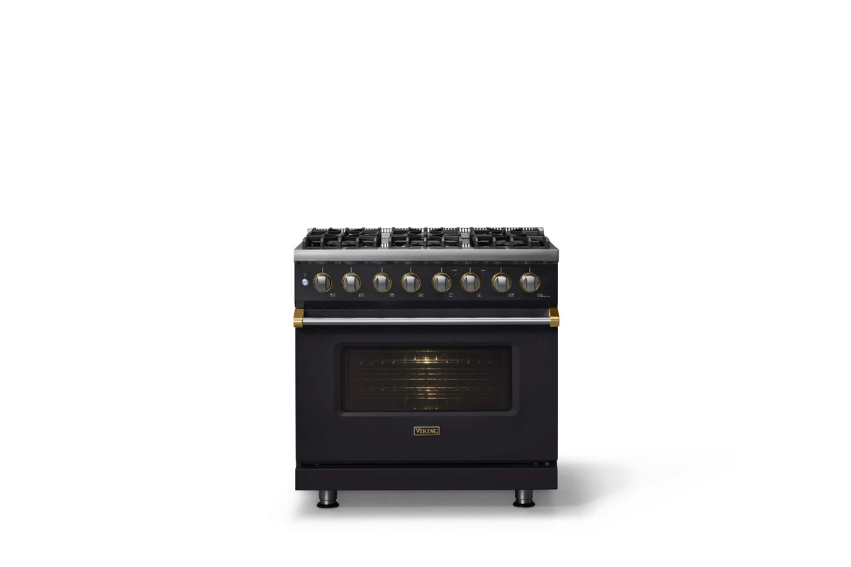 Viking - 36"W 5.6 Cu.Ft. Pro5S Freestanding Sealed 6 Burner Dual Fuel Convection LP Range - Onyx w. Brushed Brass Trim - Onyx