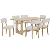 7 Piece Dining Table Set For 6, Rectangular Table With 6 Upholstered Chairs, Sturdy U - Shaped Base For Dining Room - Light Oak