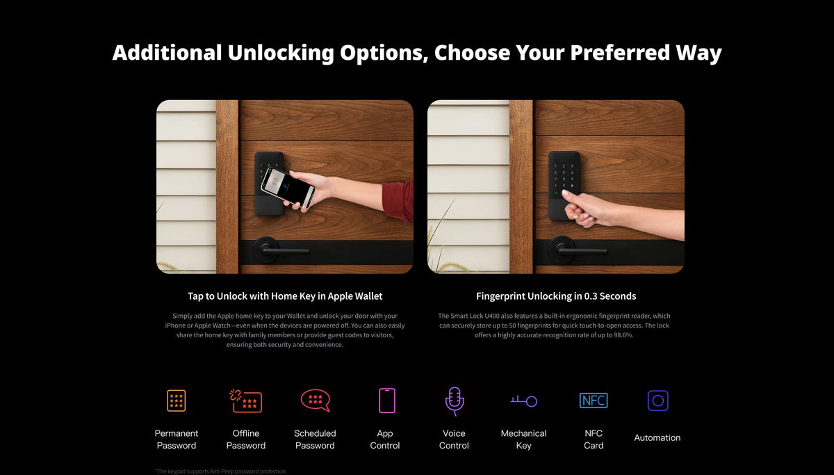 Aqara - UWB Smart Lock U400 Kit with M100 Hub, Matter, Thread, Wifi, Apple Home Key, Fingerprint, Rechargeable Battery - Black