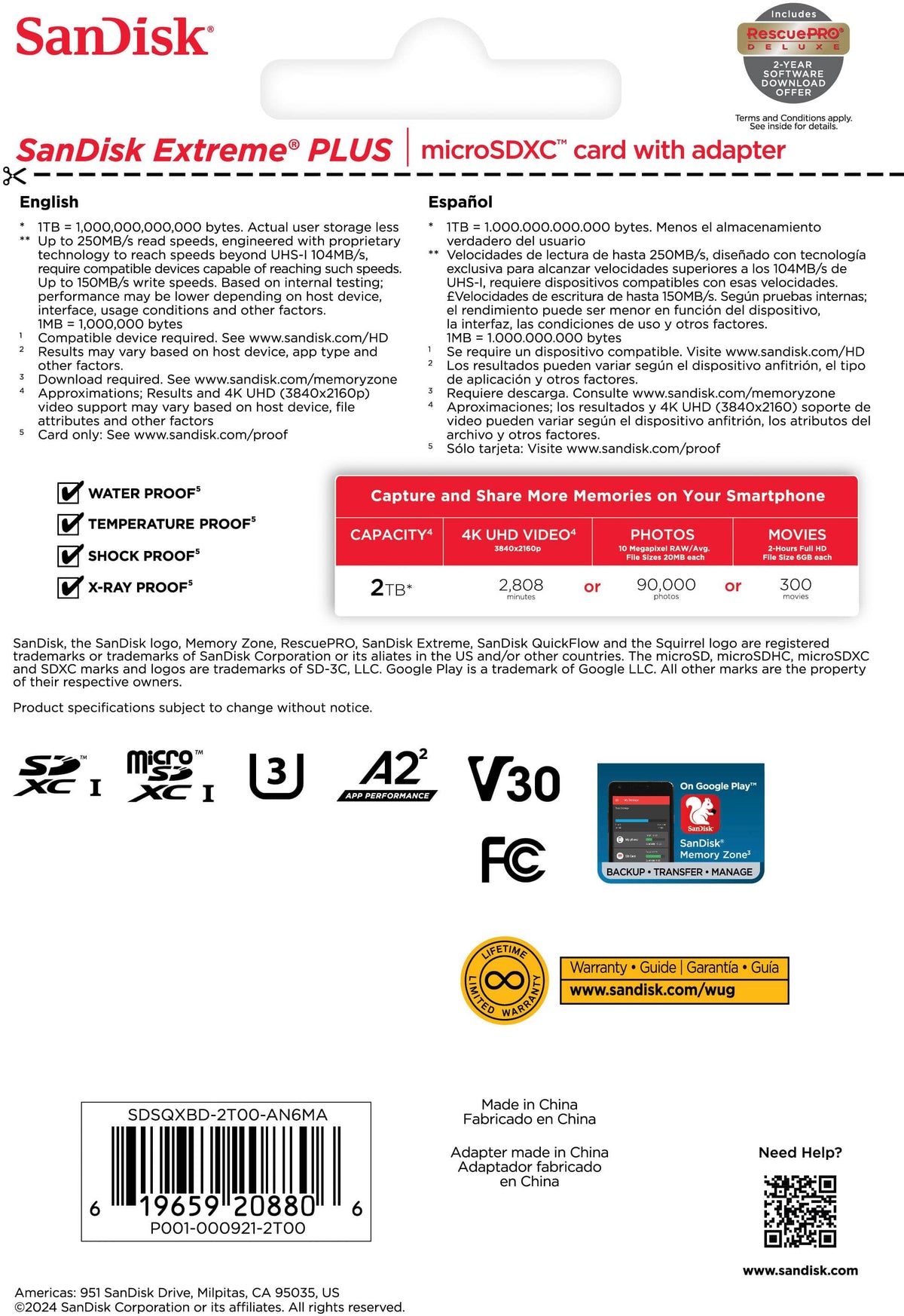 SANDISK - 2TB Extreme PLUS microSDXC UHS-I Memory Card, R/W up to 250/150MB/s