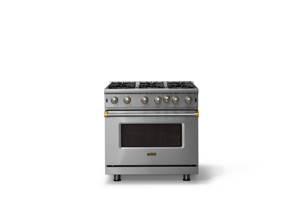 Viking - 30"W. 5.1 Cu. Ft. Freestanding Manual Clean Open Burner LP Gas Convection Range-Stainless Steel w. Brushed Brass Trim - Stainless Steel