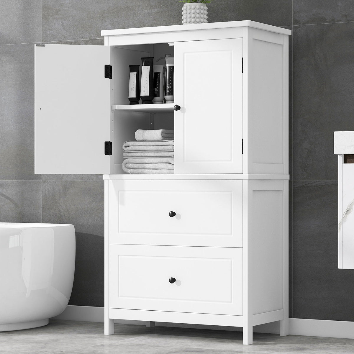 Gabinete de almacenamiento para baño con 2 puertas y cajones, estante ajustable