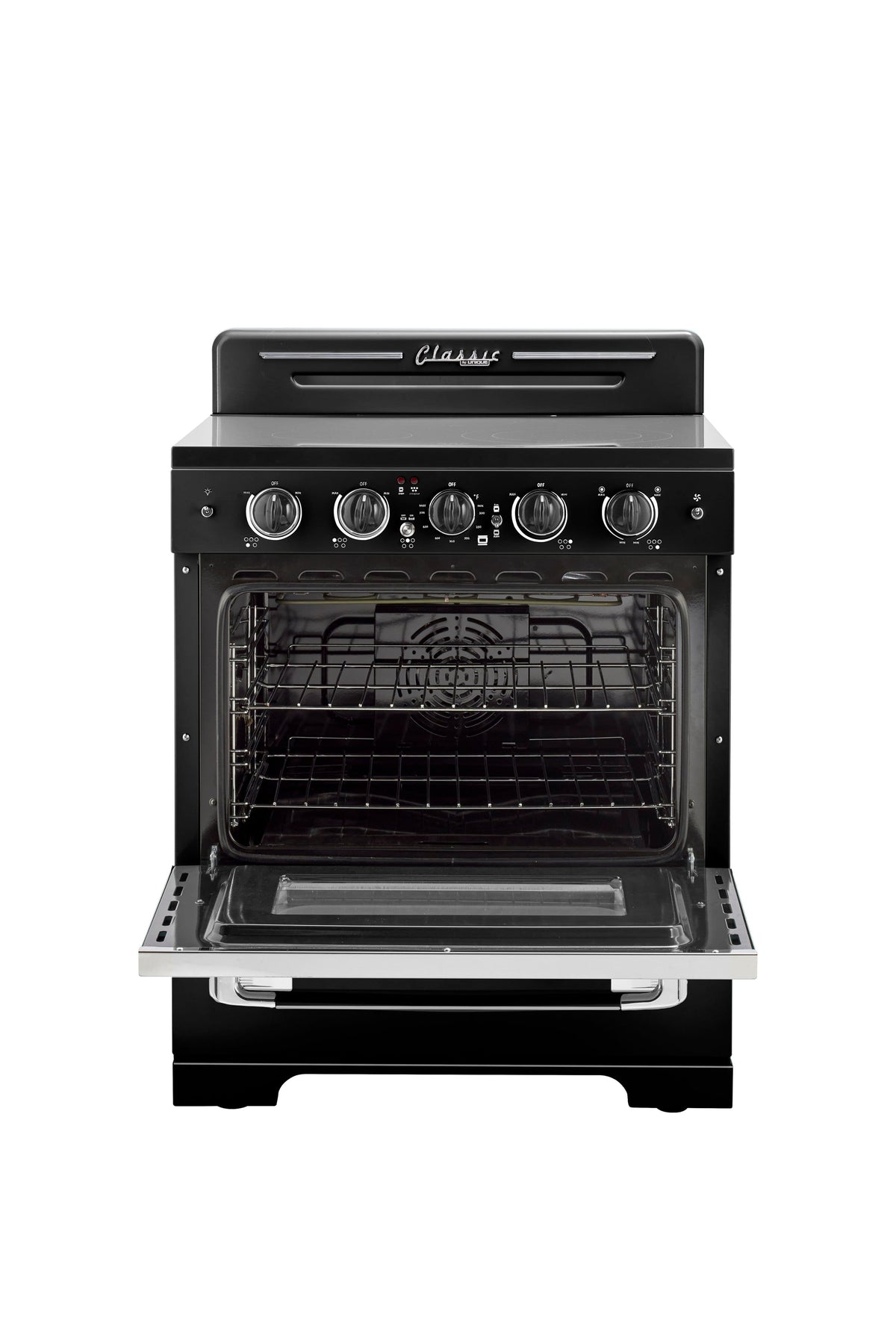Unique Appliances - 30 in. Wide 5 Elements Classic Retro 3.9 Cu. Ft. Freestanding Electic Convection Range with Glass Top and Storage Drawer - Midnight Black