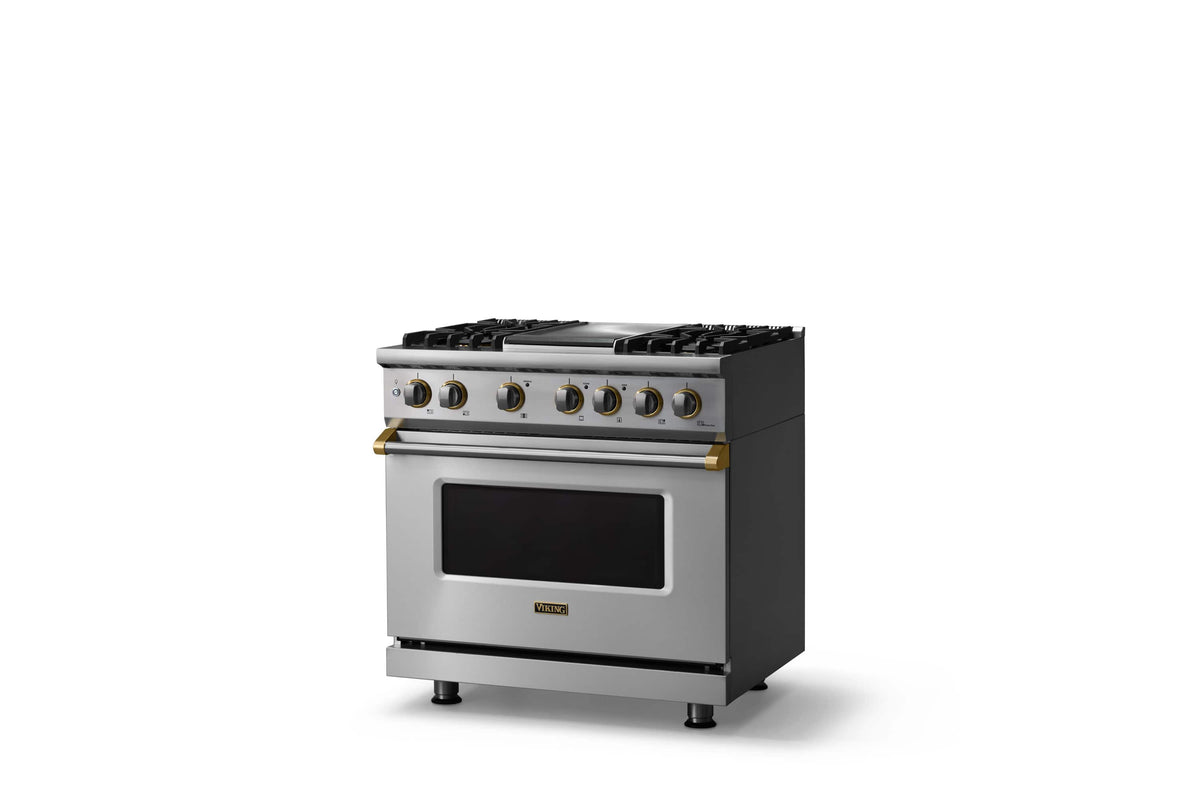 Viking - 36"W. Pro5S 5.6 Cu.Ft. Freestanding Self-Clean Sealed 4B LP Dual Fuel Convection Rng/Grdl-Stainless Steel/Brushed Brass - Stainless Steel