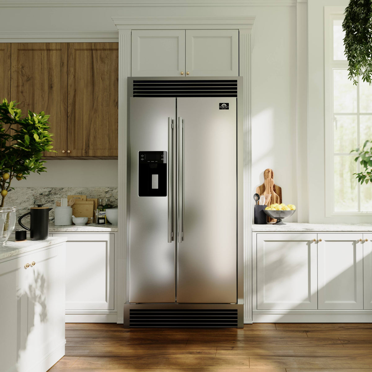Forno Appliances - 36 in. Wide Salerno 20 Cu. Ft. Side-by-Side Refrigerator with Extendable Decorative Trim Grill - Stainless Steel