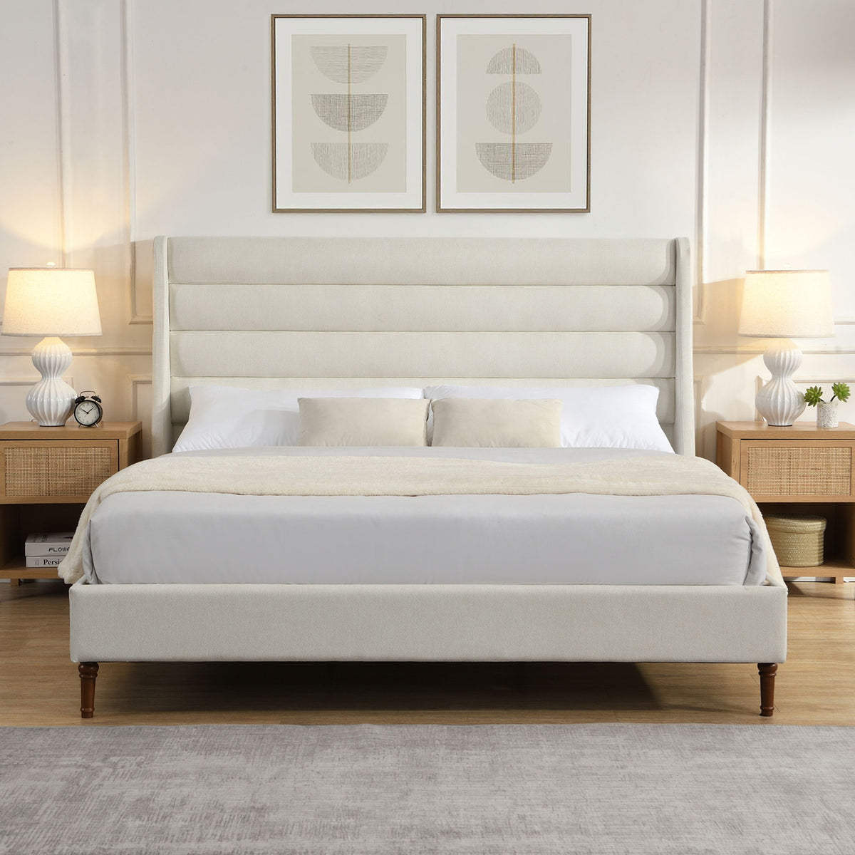 Cama de plataforma tapizada moderna con cabecera en forma de onda