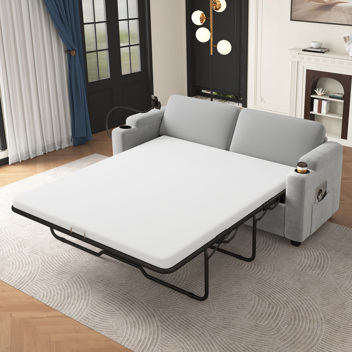Sofá cama de dos plazas con colchón de tamaño completo, 2 puertos USB, 2 portavasos, 2 bolsillos laterales y soporte para teléfono