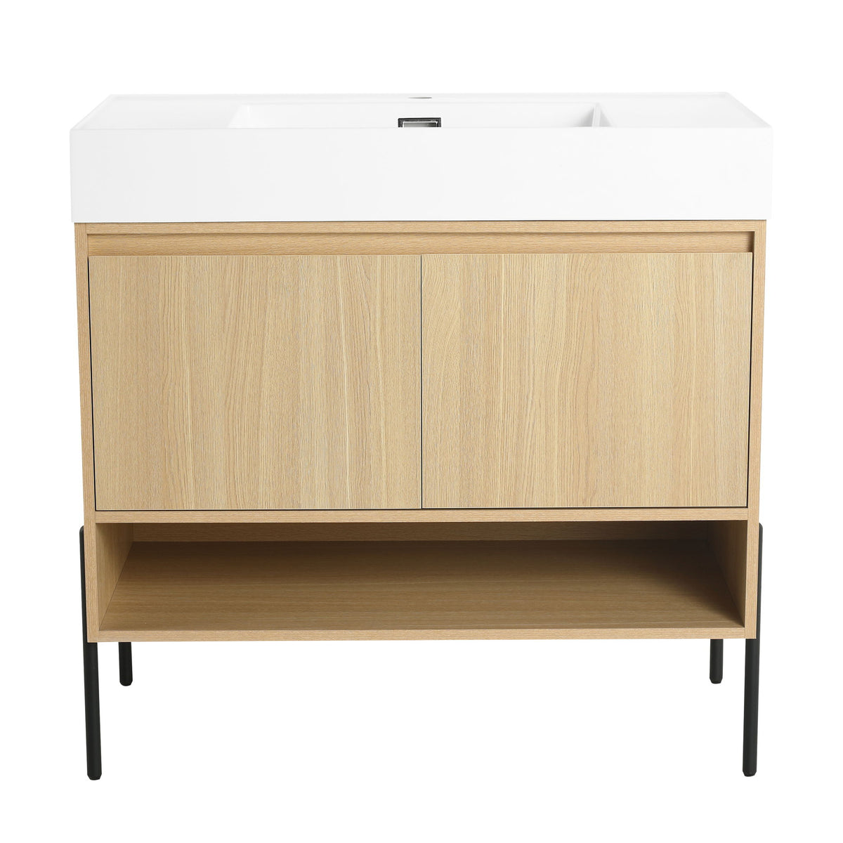 Tocador de baño moderno con lavabo individual de resina y gabinete de almacenamiento