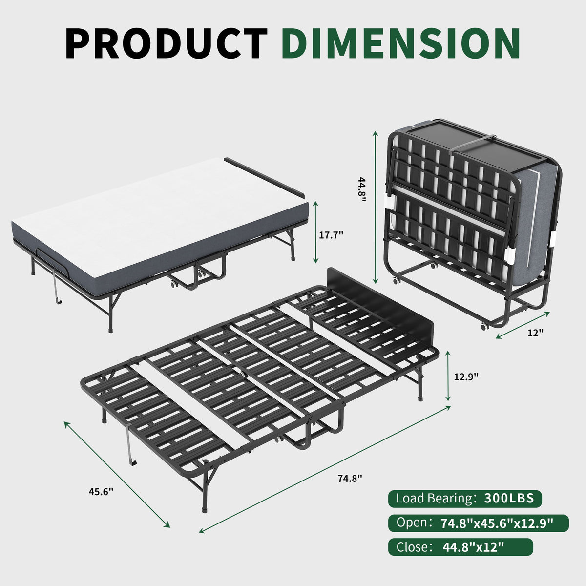 Cama plegable individual extralarga con cabecera ajustable, catre con colchón de espuma viscoelástica - Negro