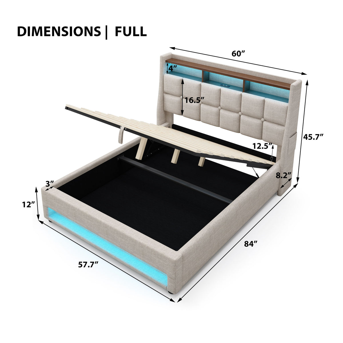 Cama con plataforma con almacenamiento hidráulico, iluminación LED y estación de carga