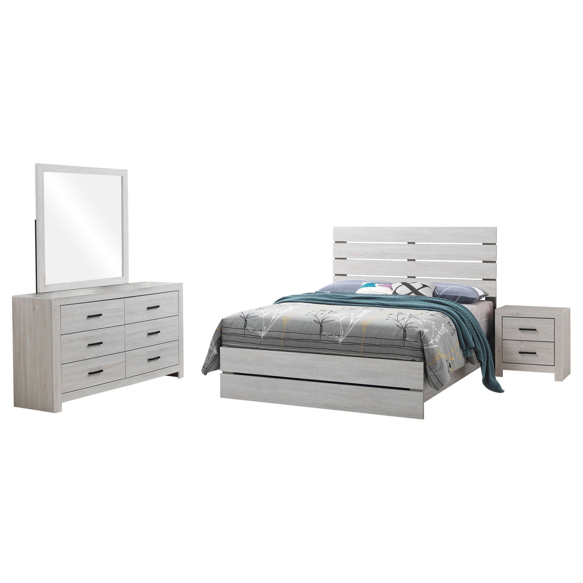 Geary - Juego de dormitorio King de 4 piezas con 2 mesitas de noche y cómoda - Blanco