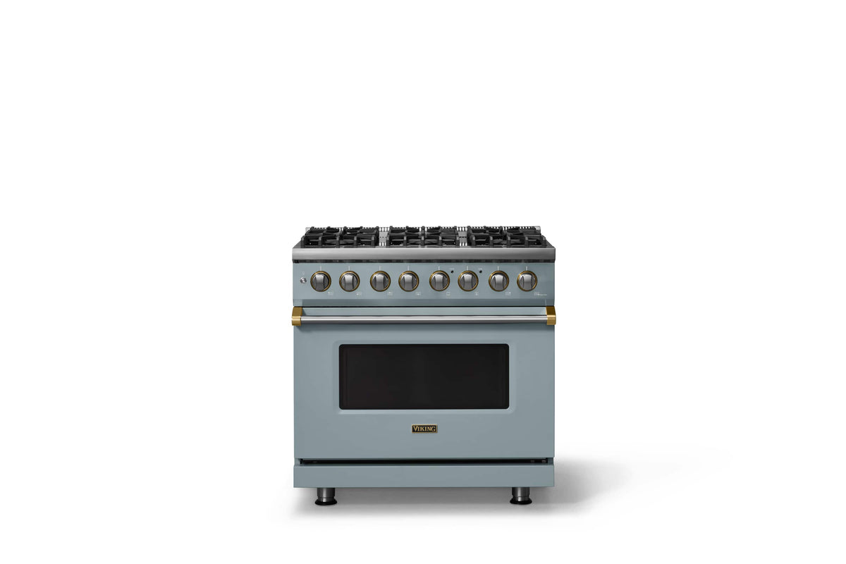 Viking - 36"W 5.6 Cu.Ft. Pro5S Freestanding Sealed 6 Burner Dual Fuel Convection LP Range - November Sky w. Brushed Brass Trim - November Sky