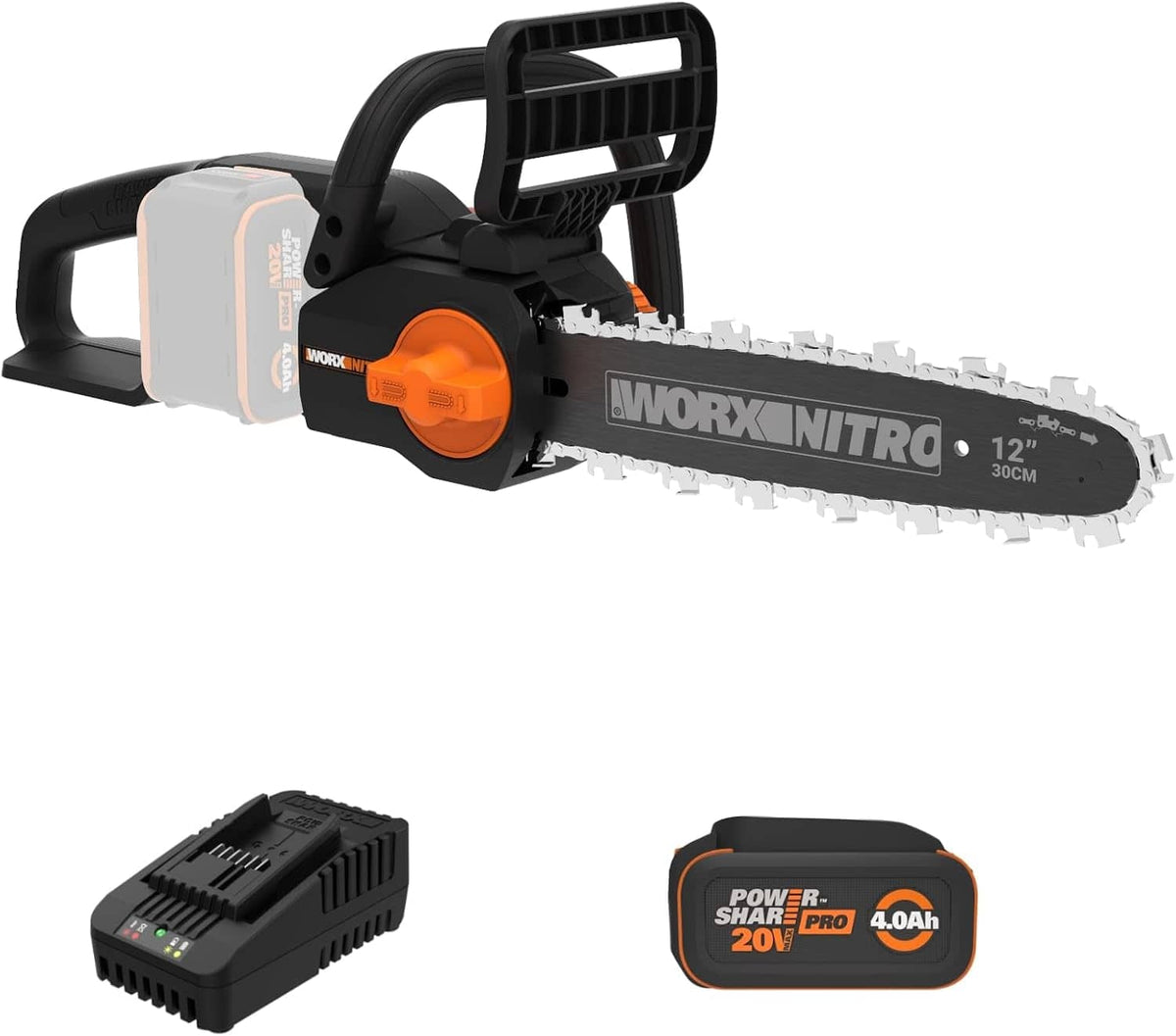 WORX - Nitro 20V 12" Cordless Brushless Chainsaw (1 x 4.0 Ah Battery and 1 x Charger Included) - Black