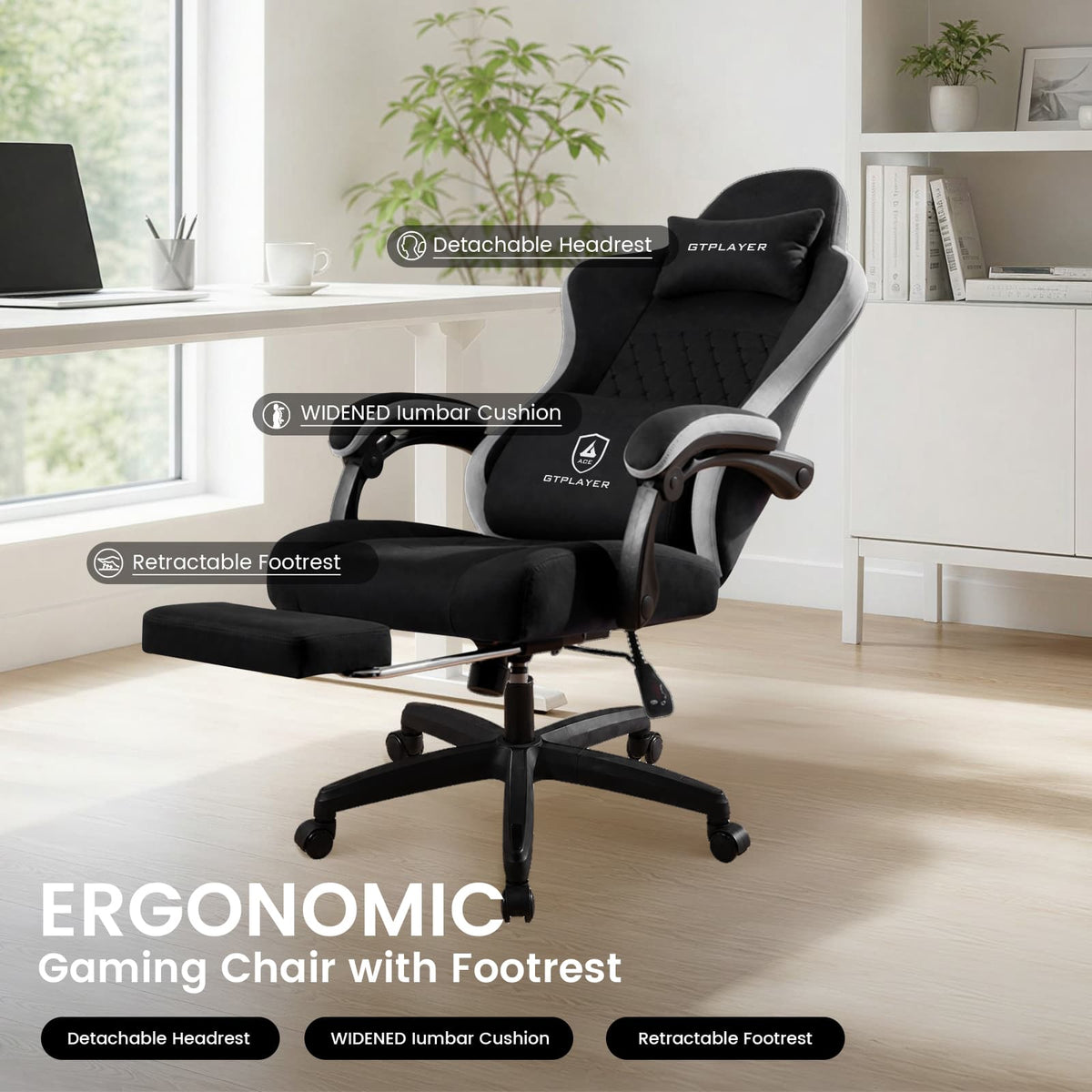 GTPlayer - Ergonomic Gaming Chair with Breathable Fabric - Black