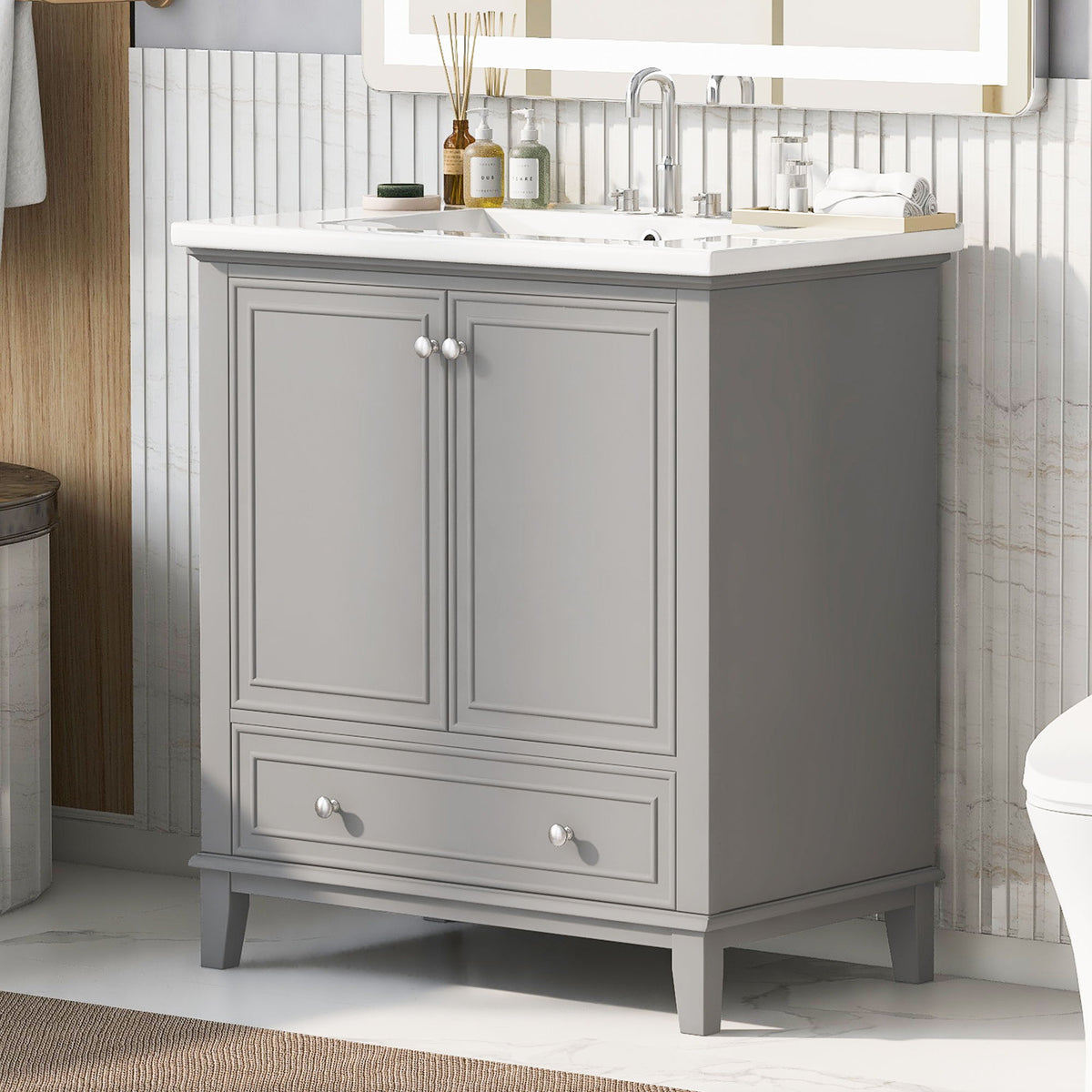 Mueble de baño moderno con lavabo, puertas y cajón