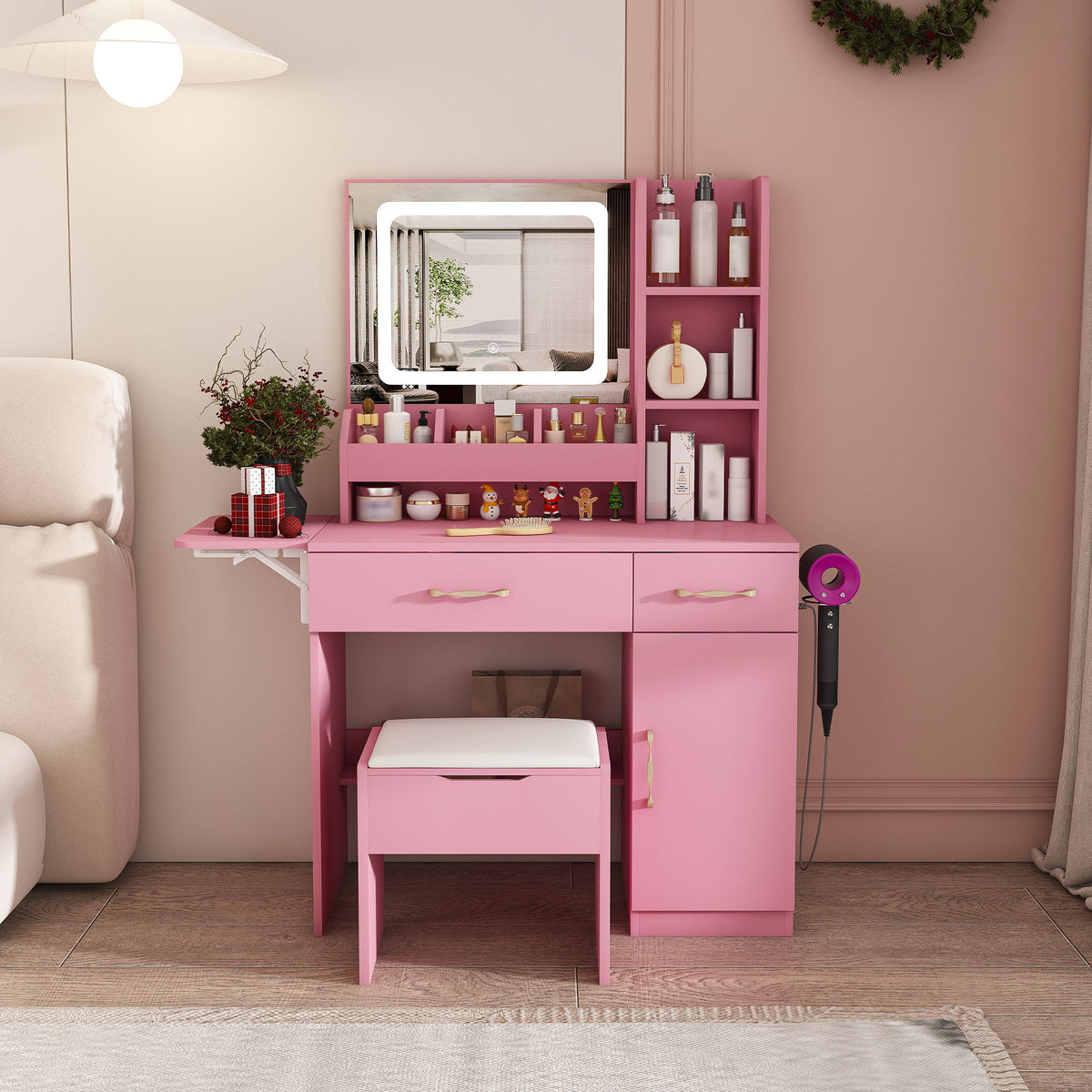 Vanity Desk With LED Mirror Lights And Power Outlet Charging Station, 3 Drawers, 7 Shelves, Storage Stool - Pink