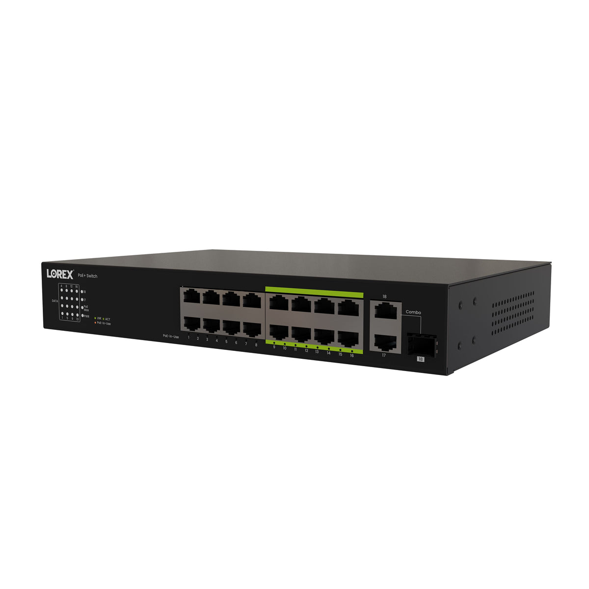 Lorex - 16-Port Unmanaged Switch (8-port ePoE and 8-port PoE+) 10/100/1000Mbps and 250W Power Budget - Black