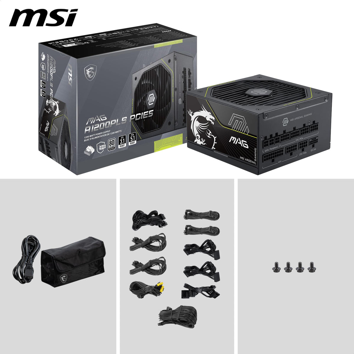 MSI - MAG A1200PLS PCIE5 - Full Modular - 80 Plus Platinum 1200W - 105°C Main Capacitor - ATX 3.1 Ready - Gaming Power Supply - Black