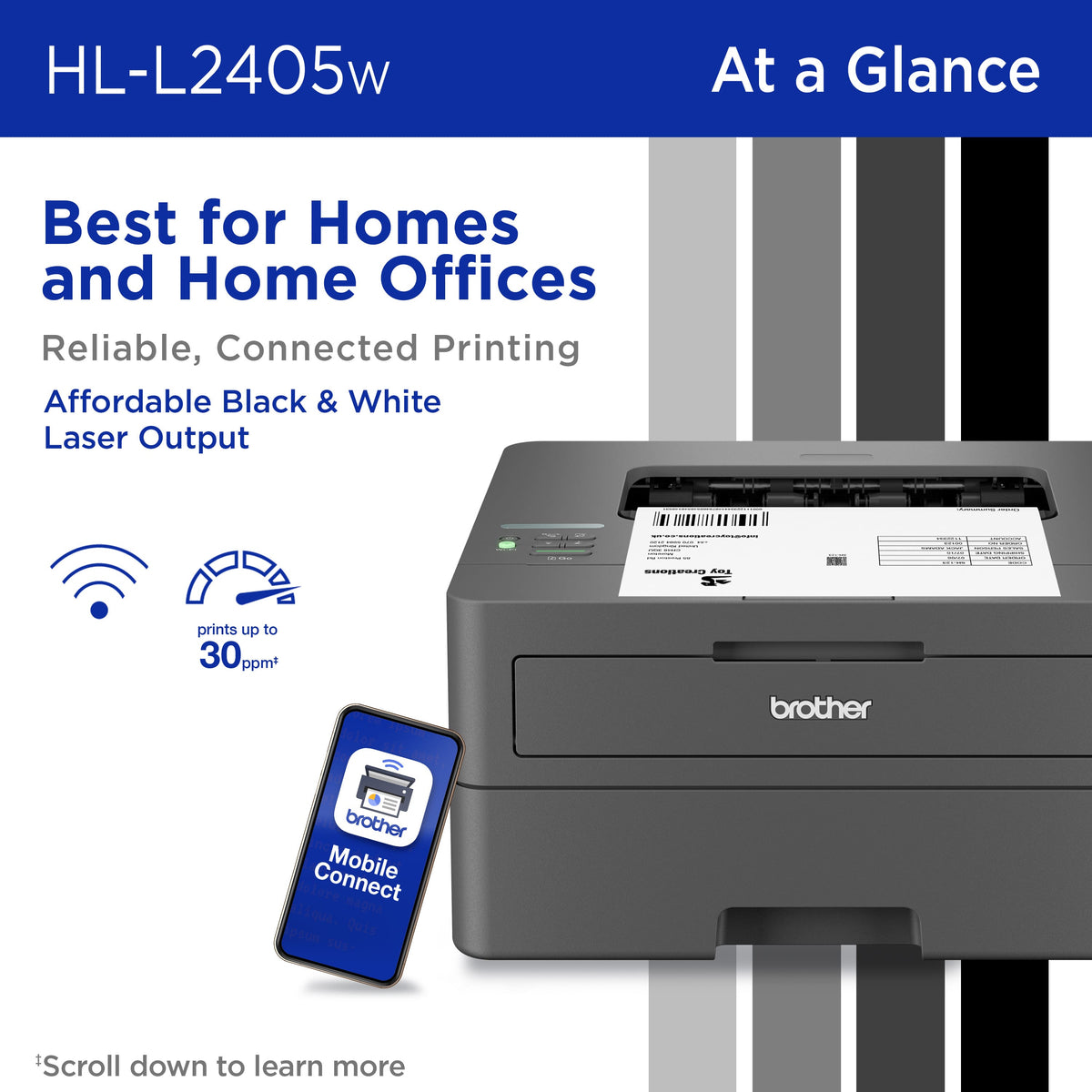 Brother - HL-L2405W Wireless Black-and-White Refresh Subscription Eligible Laser Printer, Great for Home - Gray