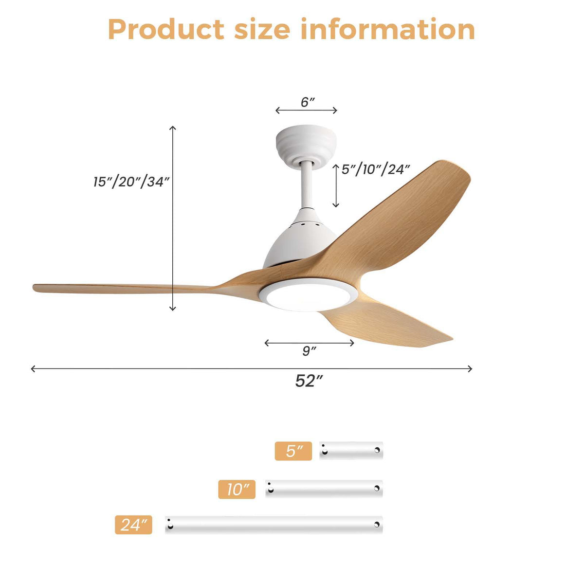 52" Smart Ceiling Fan, Dimmable 3 Color LED Light, Remote Control, Quiet Reversible DC Motor