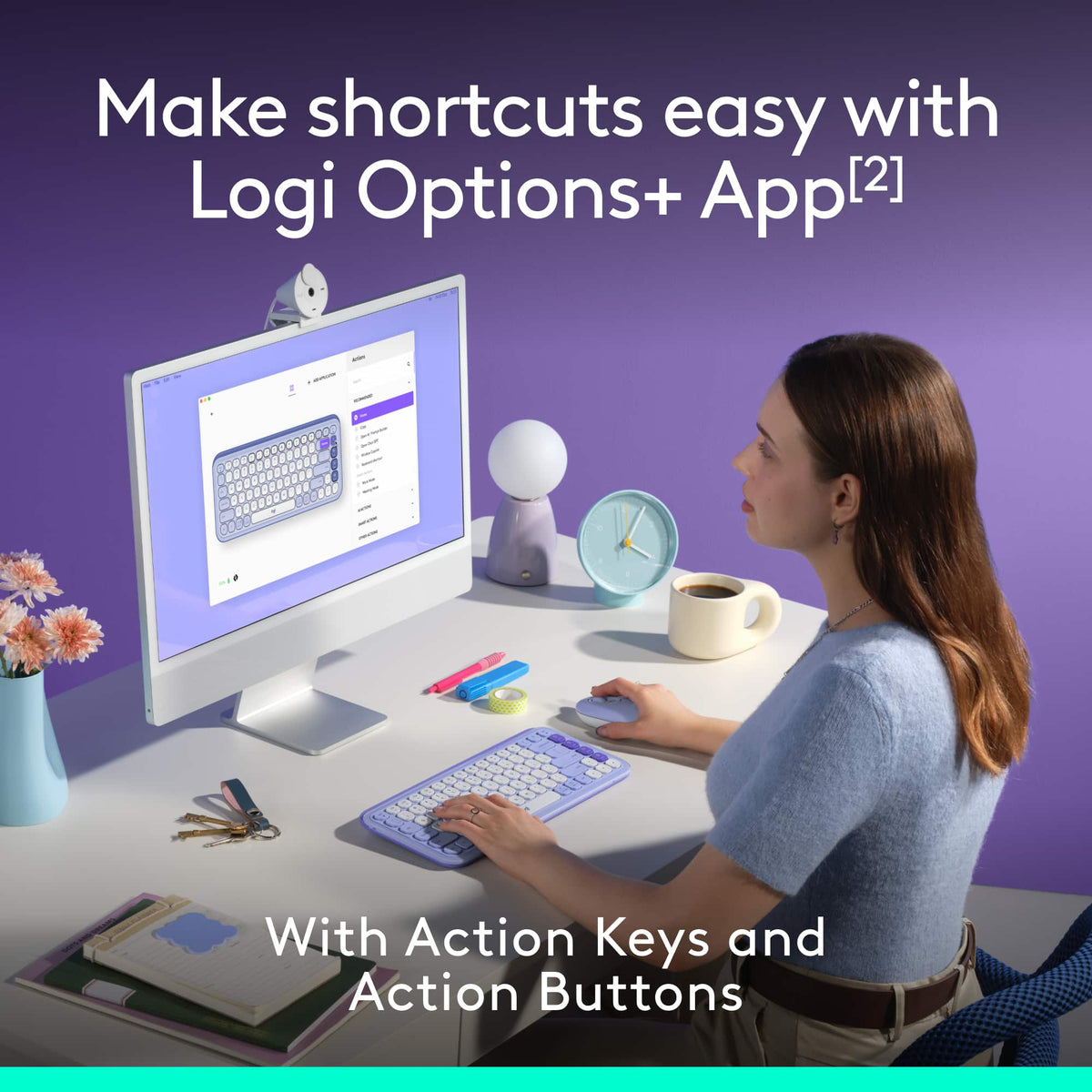 Logitech - POP ICON COMBO Compact TKL Wireless Bluetooth Keyboard and Mouse Bundle with Programmable Quiet Keys and Buttons - Lilac & Off-White