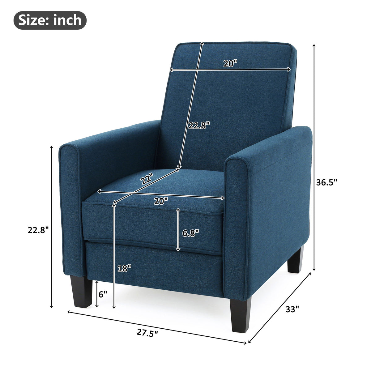 Sillón reclinable tapizado con respaldo retráctil para sala de estar