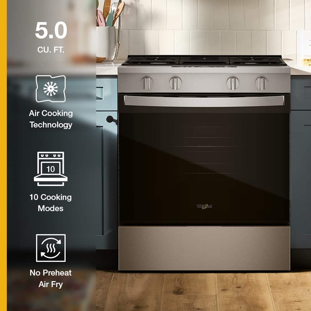 Whirlpool - 30 in. Wide 4 burners 5.0 cu. ft. Smart Freestanding Slide-In Gas Range with Air Cooking Technology and Steam Clean - Stainless Steel