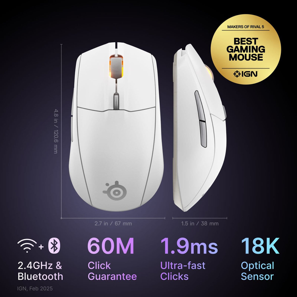 SteelSeries - Rival 3 Gen 2 Wireless Optical Gaming Mouse with Ultra-fast clicks - Wireless - White