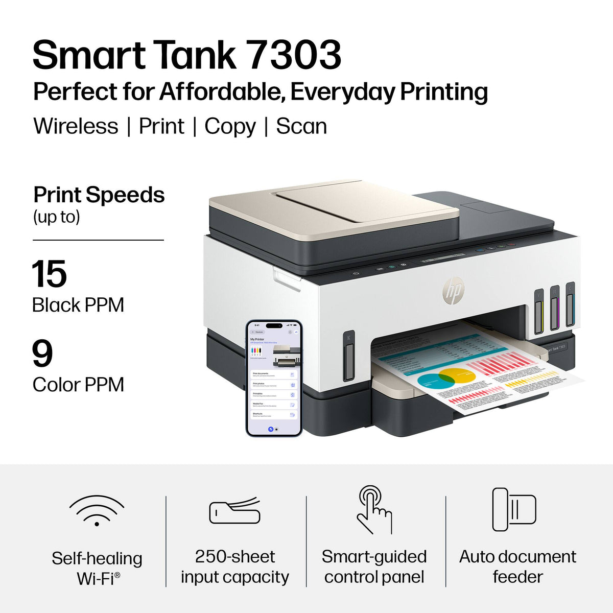 HP - Smart Tank 7303 Wireless All-in-One AI-Enabled Cartridge-Free Supertank Inkjet Printer with 3 Years of Ink Included¹ - White