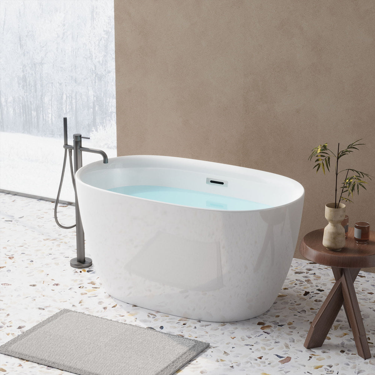 Bañera ovalada exenta con rebosadero y desagüe tipo pop-up, diseño de doble pared - Blanco brillante