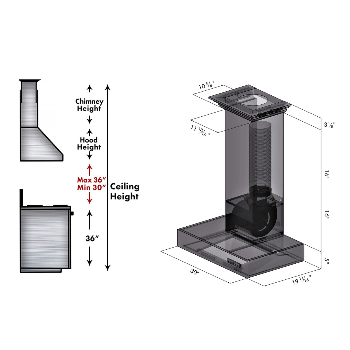ZLINE - 30 inches - Externally Vented - Island Range Hood - Stainless Steel