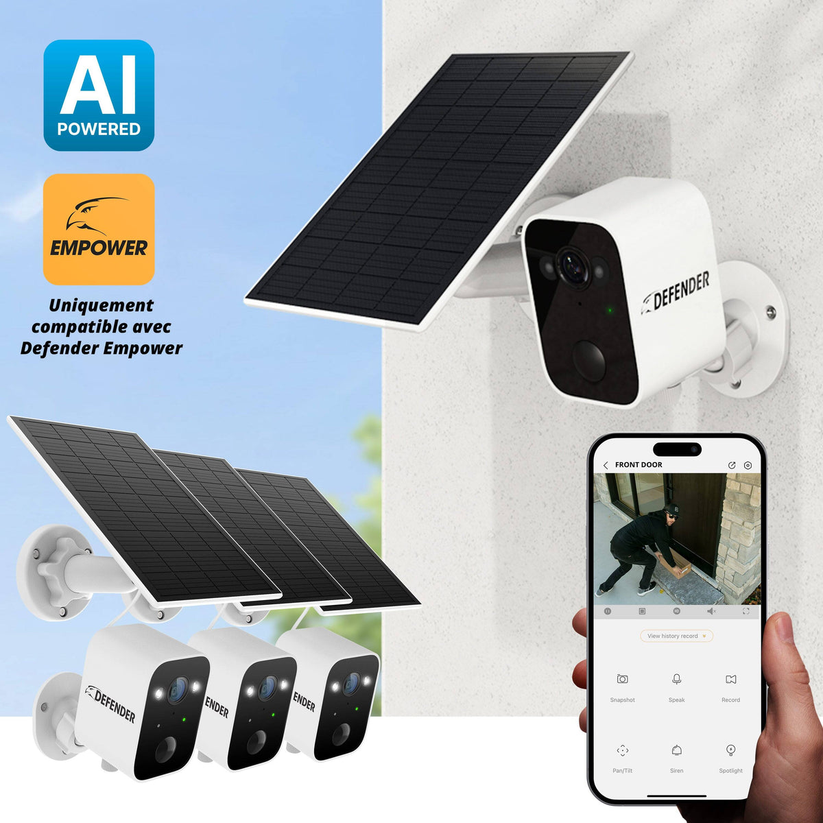Defender - Solar Powered 4K AI Everwatch Wireless Security Camera with 3W Solar Panel, AI Detection, 3 Pack - White