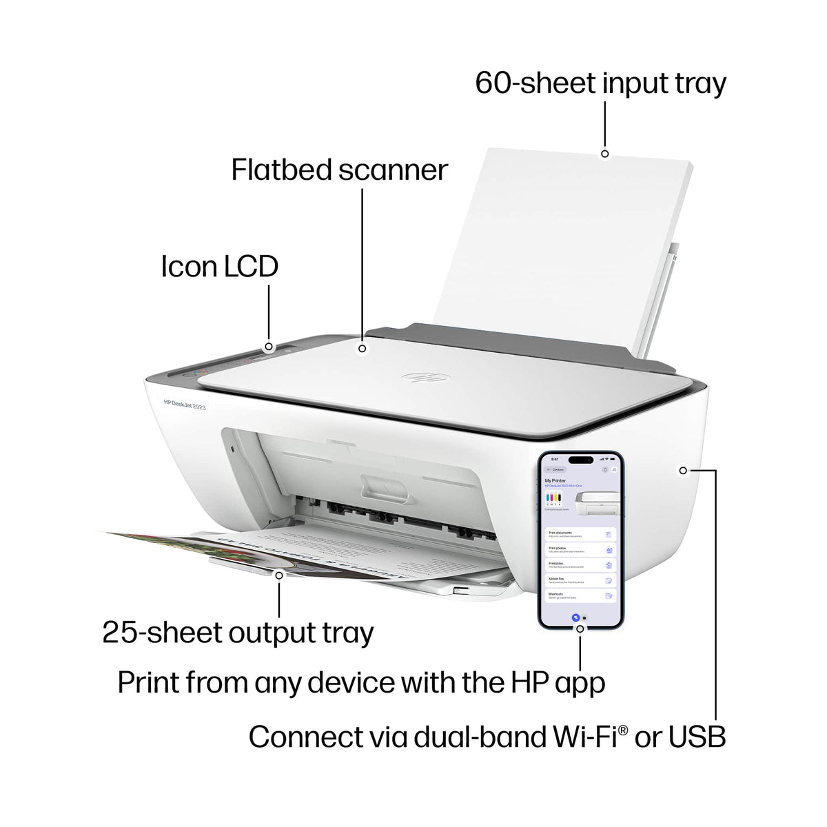 HP - DeskJet 2923 Wireless All-in-One Inkjet Printer, Scanner, Copier, AI-Enabled with 6 Months of Instant Ink - White