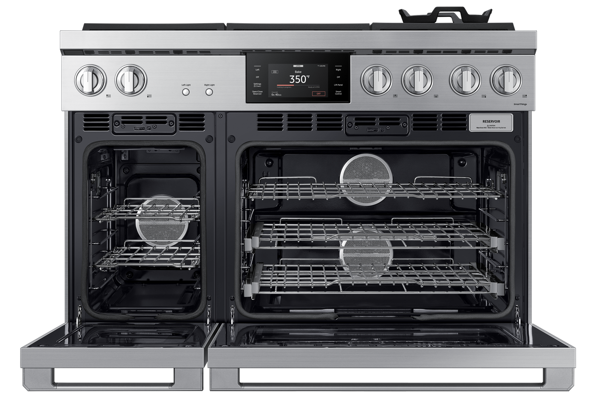 Dacor - 48 in. Wide 6 Burner Transitional 8.8 Cu. Ft. Slide-In Dual Fuel Four-Part Pure Convection Range with GreenClean - Silver Stainless Steel