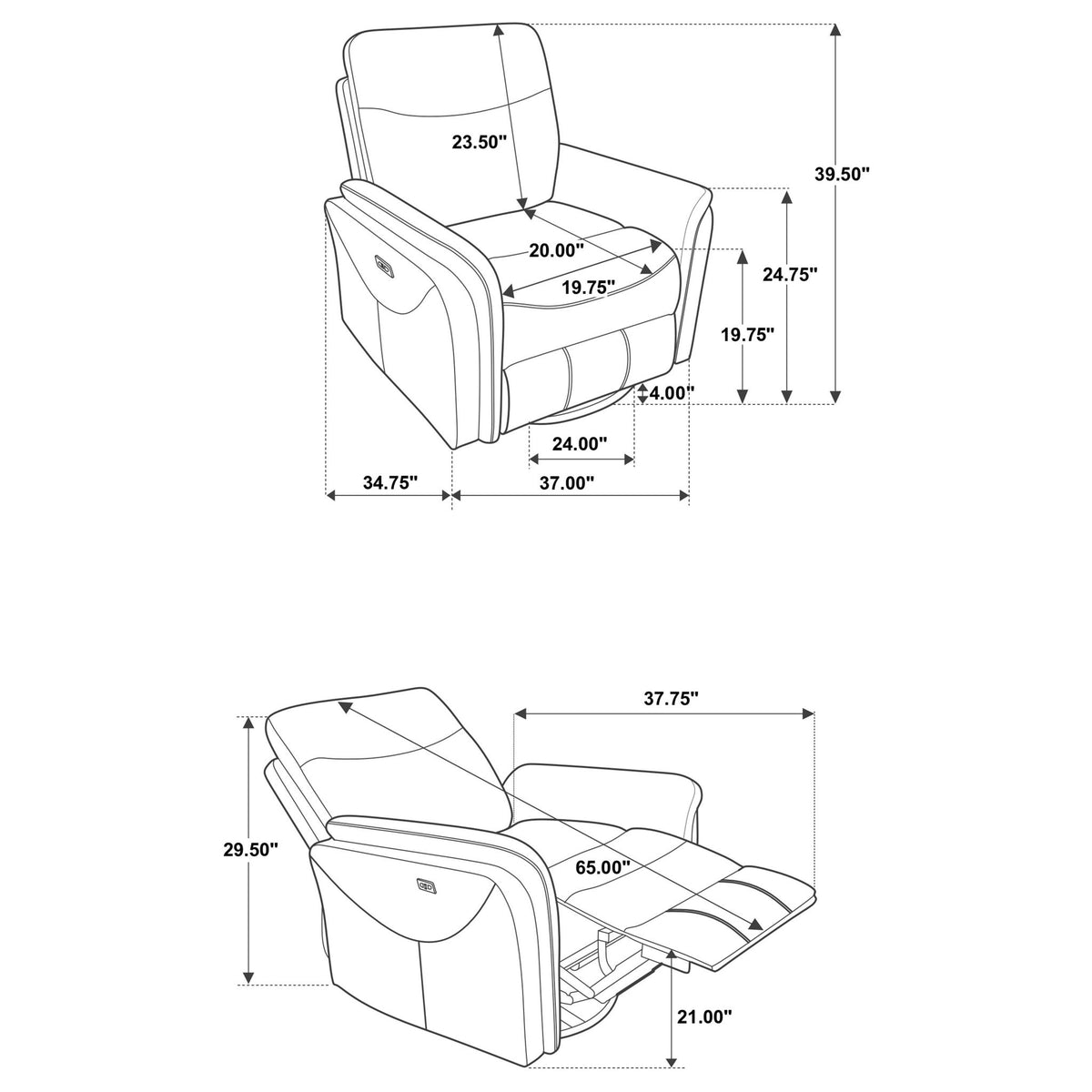 Beacon - Sillón reclinable giratorio con carga USB y reclinación ajustable