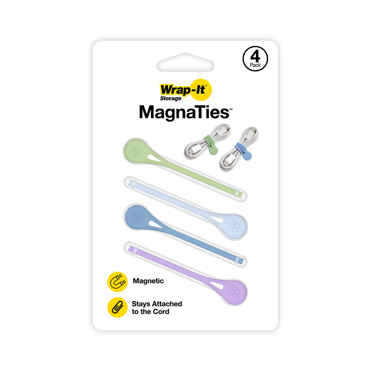 Wrap-It Storage - MagnaTies 4-Pack Macaron - Cool - Magnetic Cord Ties - Assorted Colors
