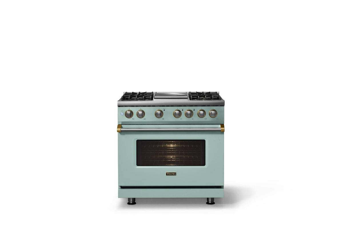 Viking - 36"W. Pro5S 5.6 Cu. Ft. Freestanding Self-Clean Sealed 4B LP DF Convection Range/Grdl-Splash/Brushed Brass - Splash