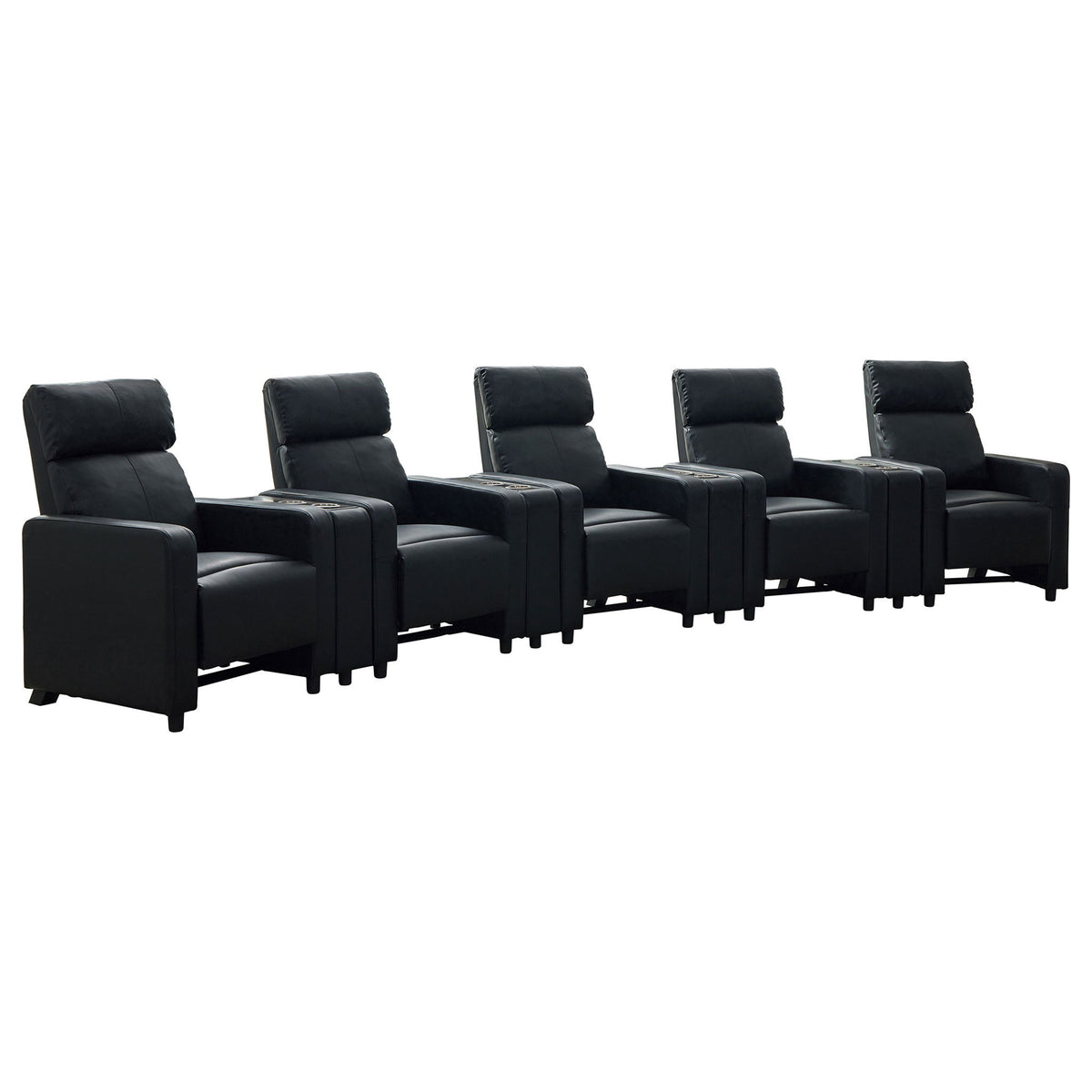 Warren - Sala de cine en casa de 5 asientos con 4 consolas cuña, reclinables y consolas de almacenamiento - Negro