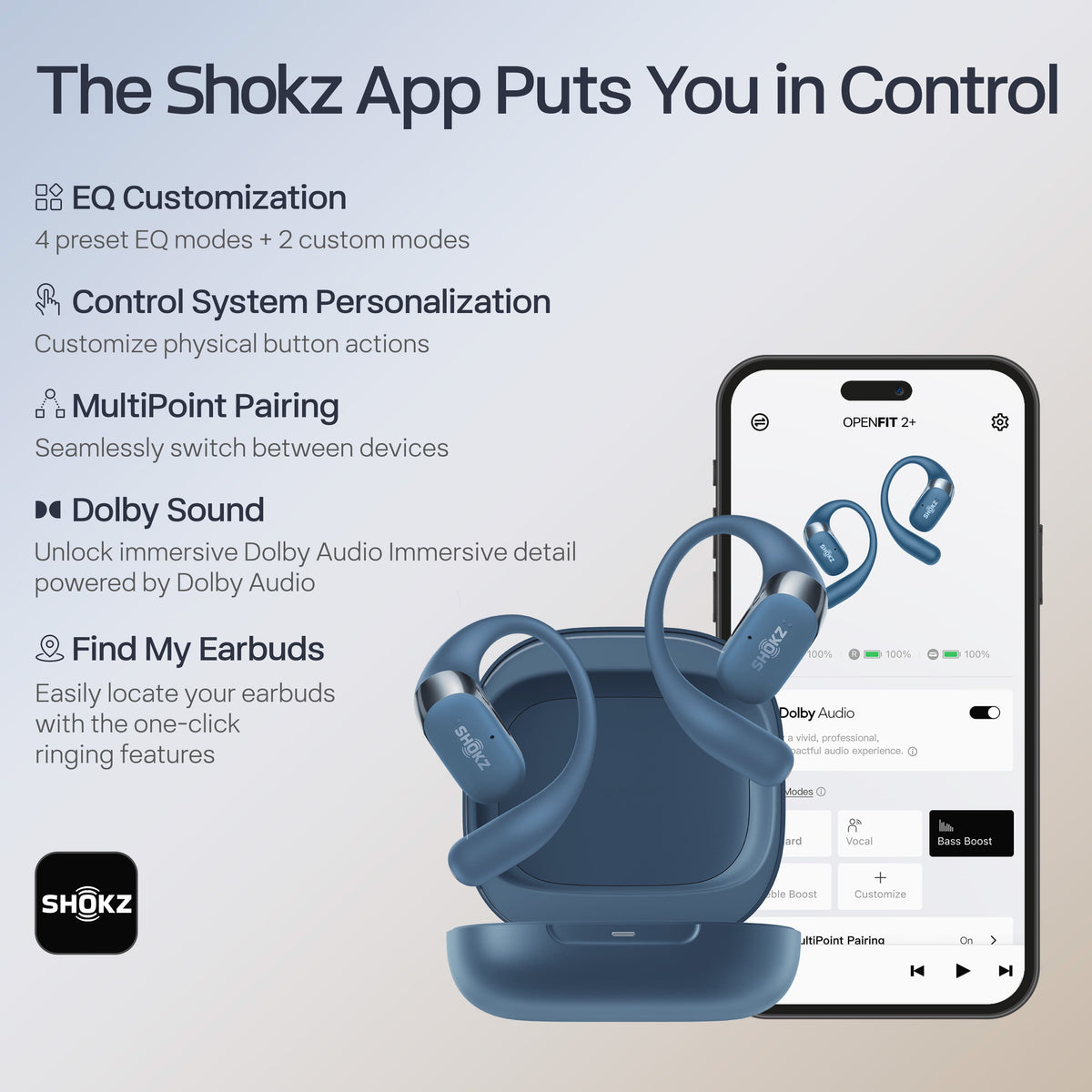 Shokz - OpenFit 2+ Open-Ear True Wireless Bluetooth Earbuds - Stone Blue
