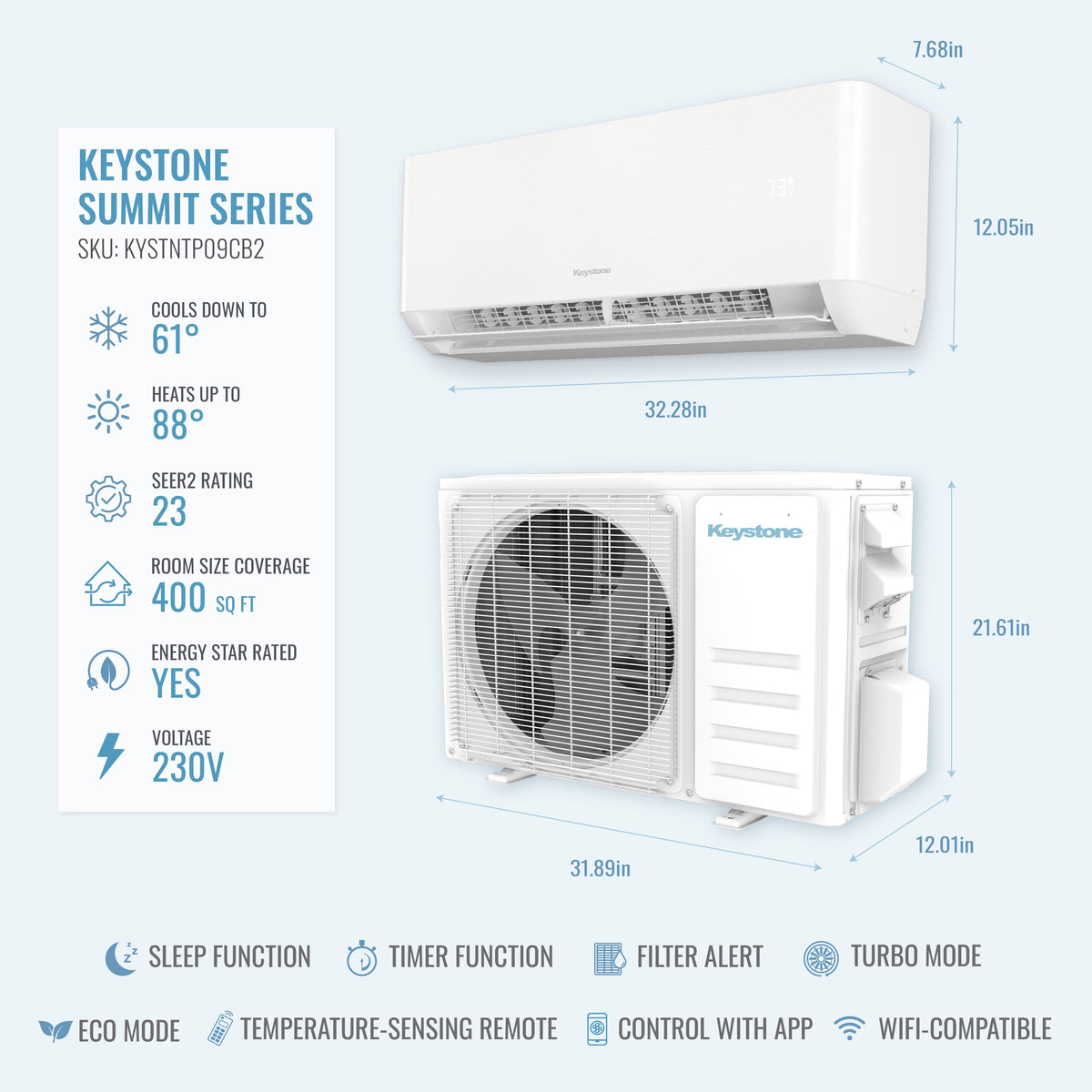 Keystone - Summit 230V 400 Sq. Ft. 9,000 BTU Smart Mini Split Air Conditioner 10,000 BTU Heater - White
