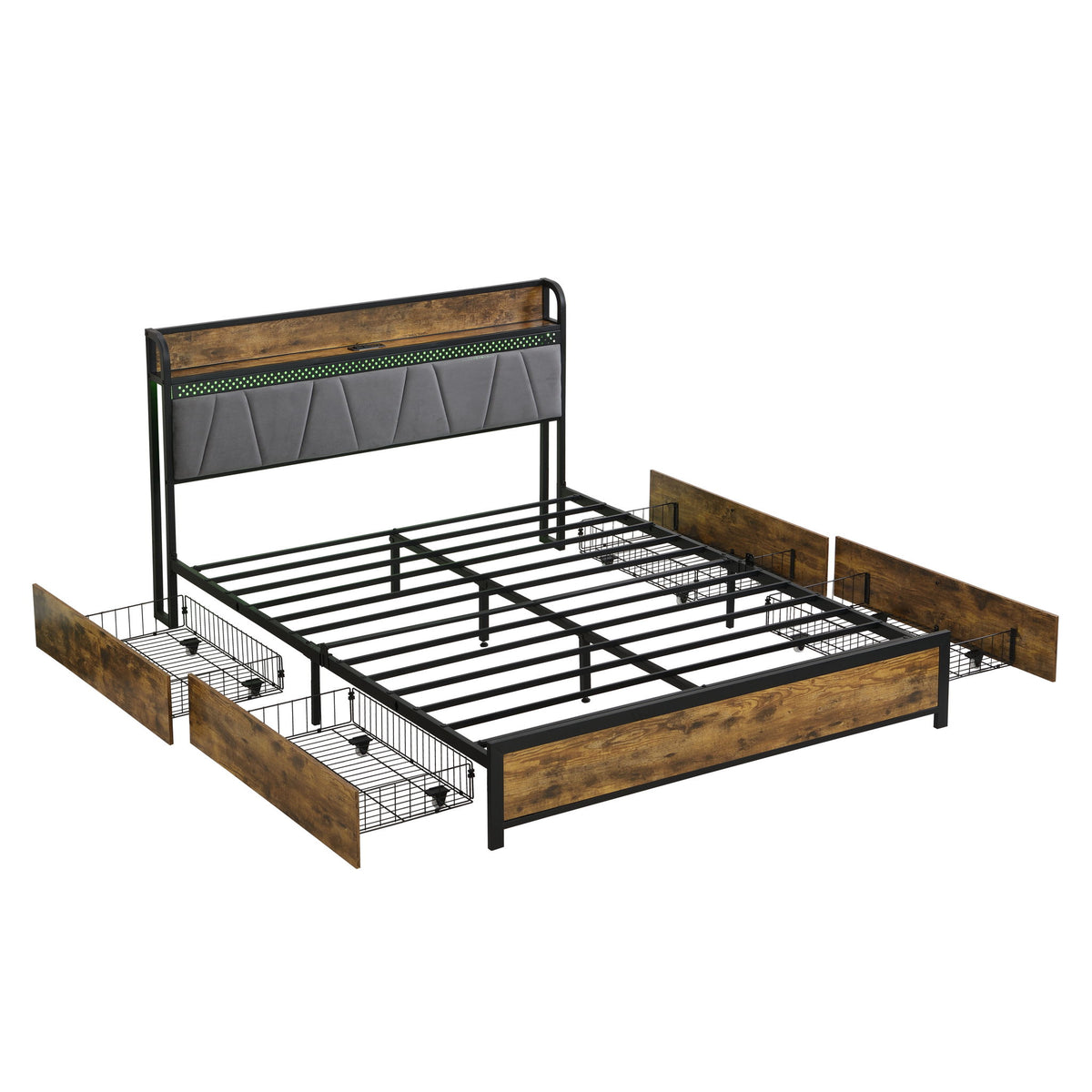 Base de Cama Moderna con Luces LED, Cabecero Tapizado, Carga USB
