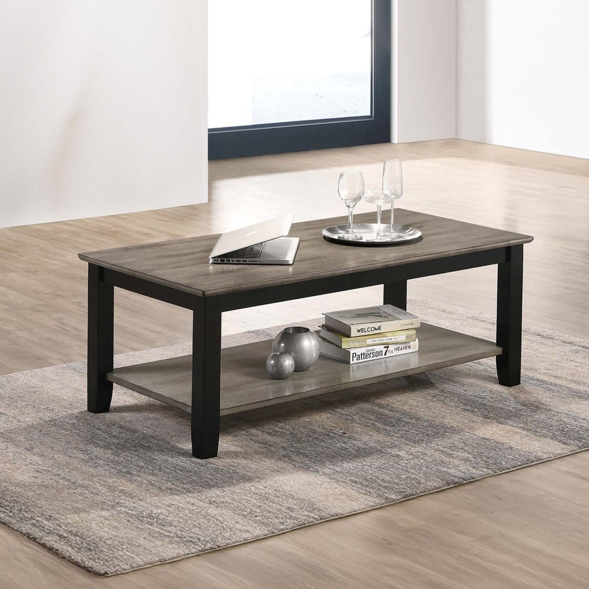 Juego de 3 mesas con estante de almacenamiento abierto, incluye mesa de centro, mesa auxiliar y mesa de consola - Negro / Negro / Gris / Gris