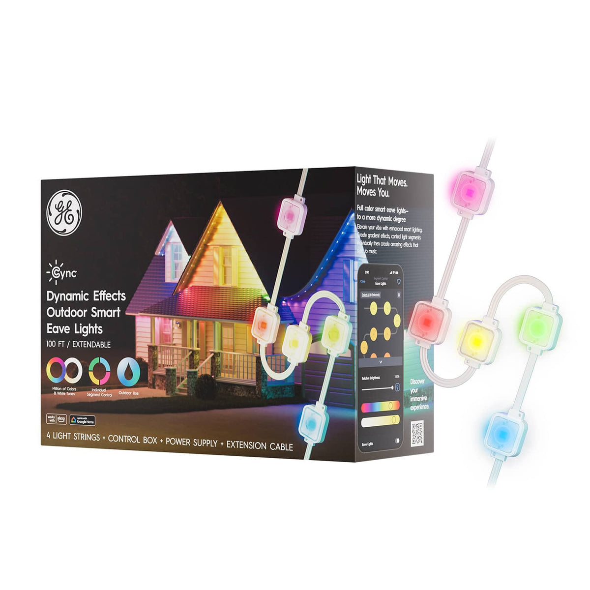 GE Cync Dynamic Effects Outdoor Smart Eave Lights, Color Changing Permanent Exterior Lights, Smart, 100ft, Extendable - Full Color