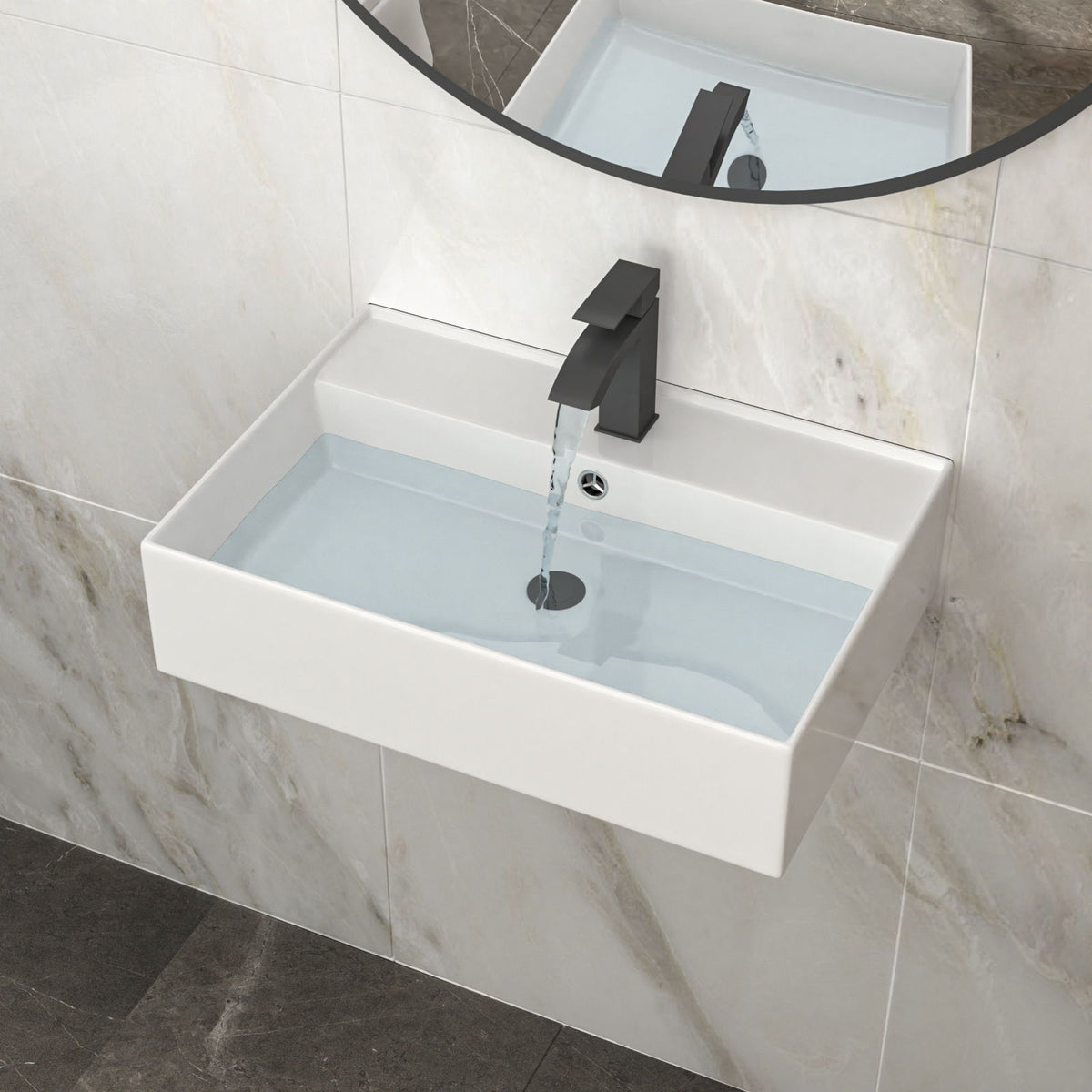 Modern Ceramic Rectangular Wall Mounted Bathroom Sink With Faucet Hole & Overflow