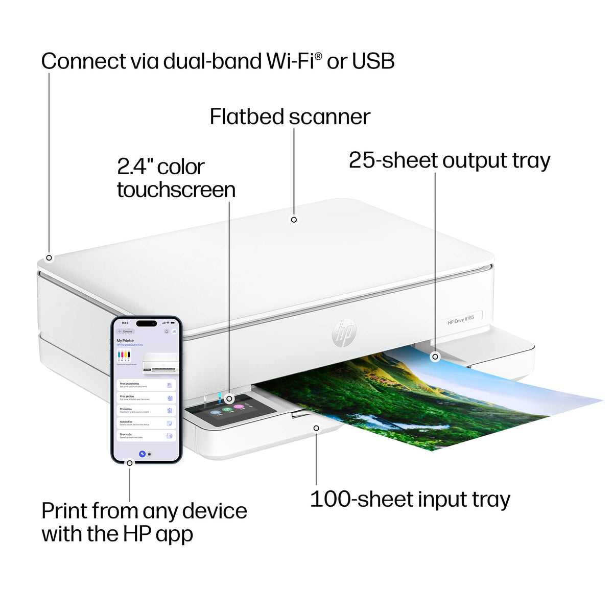 HP - Envy 6165 Wireless AI-Enabled All-in-One Inkjet Printer with 6 months of Instant Ink - White