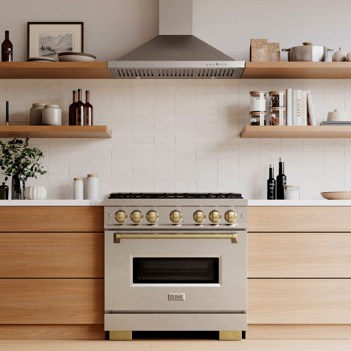 ZLINE - Autograph 36 in. 5.2 cu. ft. Classic Freestanding DuoPro Gas Range w/ Convection Oven in Satin Steel & Bronze Accents - Satin Stainless Steel